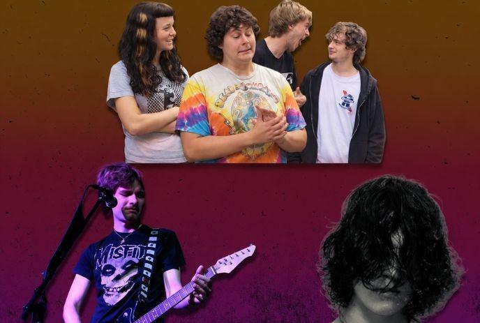Collage of band members talking, guitarist playing, and a black?and?white portrait in artistic layout.