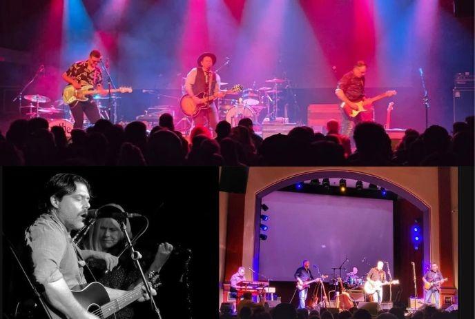 Collage of live music shows with bands on colorful stages plus black?and?white close?up performance scene.