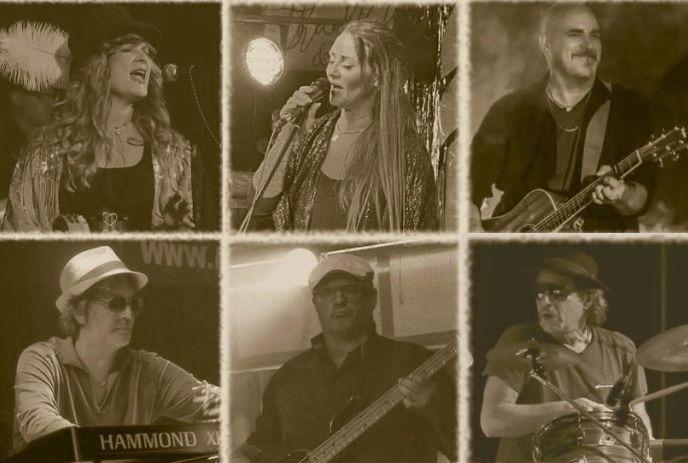 six portraits of musicians arranged in grids in a black and white frame.