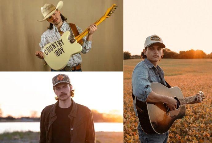 Three musicians with guitars in cowboy hat jacket and denim outdoors near water and field sunsets.