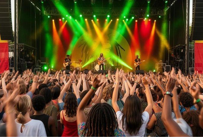 Crowd raising hands toward bright stage where band performs with vivid green & yellow, red lights.