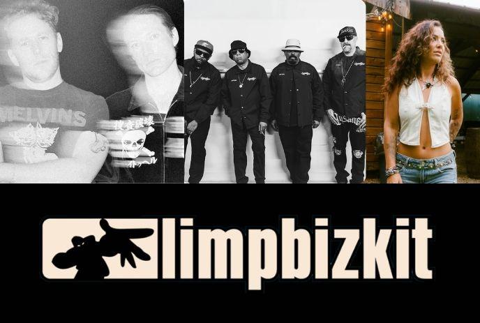 Collage shows two grayscale figures and group of four in dark outfits and a female artist above bold band logo at bottom.