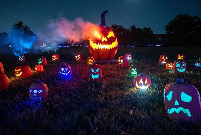 Spooky pumpkins glowing on a misty field under moonlight, creating a festive Halloween night scene.