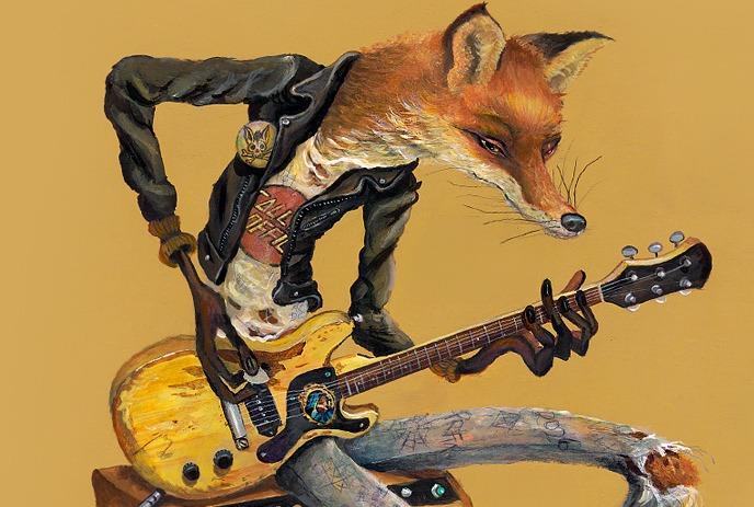 Anthropomorphic fox in leather jacket plays worn electric guitar while seated on amplifier against tan backdrop.