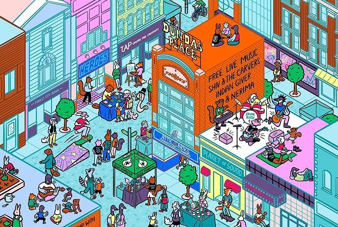 Colorful busy street of animal characters walking eating playing music among shops and rooftops.