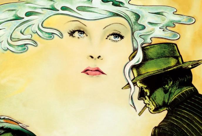 Large dreamy face with flowing shapes beside smaller suited figure smoking in surreal yellow scene.