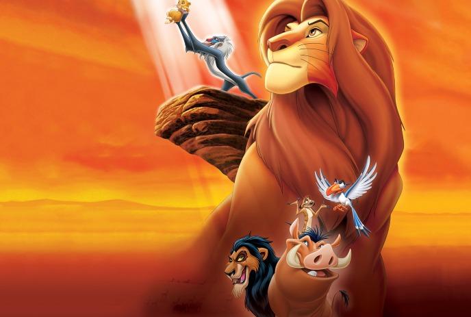 Rafiki holds Simba on Pride Rock with Mufassa, Scar, Zazu, Timon and Pumba looking on.
