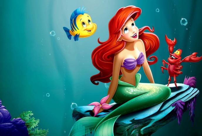 Redhaired mermaid sits on rock with small fish and crab beside her in bright colorful underwater scene.