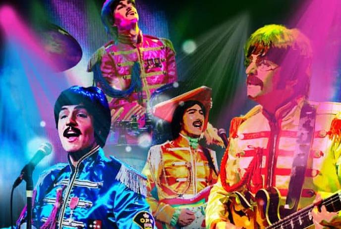 A montage of members of the Beatles tribute band Rain, with colourful lighting