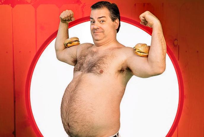 Randy poses humorously with flexed arms, each holding a burger. Background shows Sunnyvale Trailer Park.