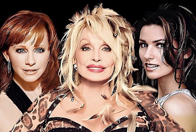 Reba McEntire, Dolly Parton, and Shania Twain posing together in a photo.