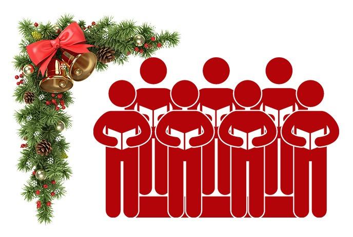 Red image of choir with green bough, red bow and gold bells in one corner.