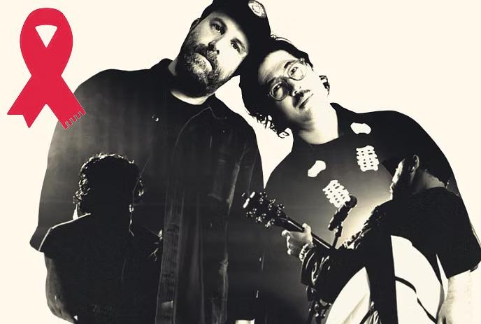 Black-and-white portrait of two artists leaning together, with silhouettes of musicians overlaid below.