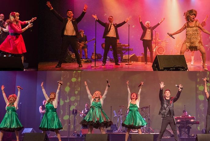 Performers in bright retro costumes sing and dance on stage with musicians under warm colorful lights.