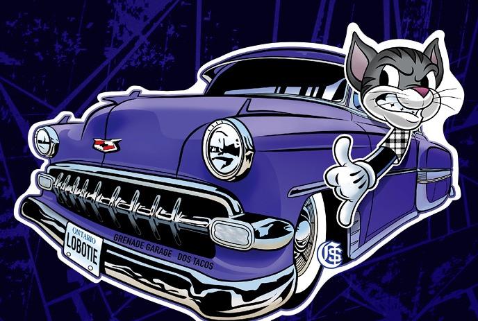 Cartoon cat sitting in a purple classic car.