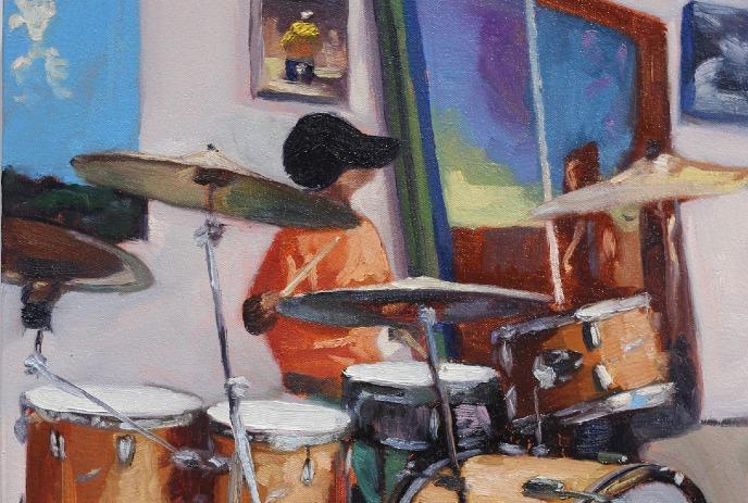 A painting of a person playing a drum set in a brightly lit room decorated with colorful artwork.