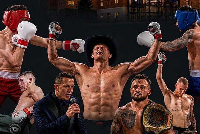 Boxing montage with fighters sparring, knockout moment, victory pose, and raised-arm celebration.
