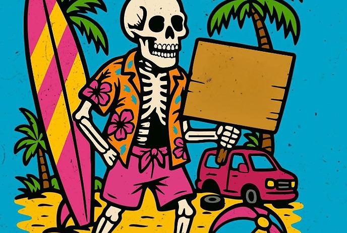 A skeleton in a Hawaiian shirt and pink shorts holds a blank sign on a beach with palm trees and a pink car.
