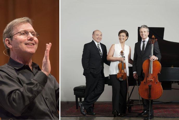 Artists beside trio of classical musicians with piano violin and cello in warm staged backdrop.