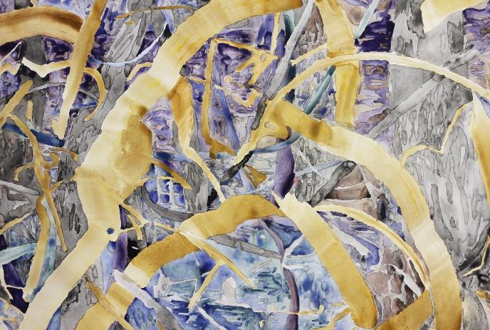 Abstract painting using yellow, purple and blue hues.