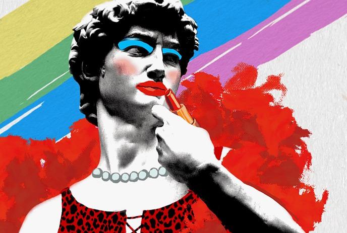 A person in a red feathered outfit and leopard print top applies lipstick against a colorful striped background.