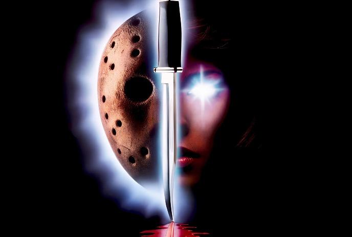 Knife splits eerie mask and glowing?eyed woman in dark horror scene