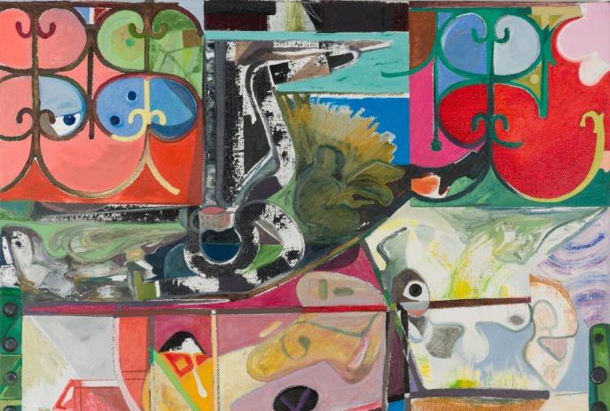 Colorful abstract composition with curved patterns swirling forms and fragmented faces in vivid tones.