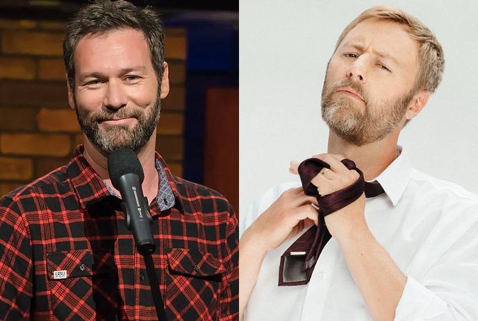 A graphic of Rory Scovel tying a tie & Jon Dore holding a microphone.