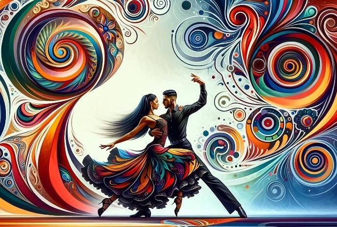 A graphic image of a woman and a man, dancing salsa, with a psychedelic background.