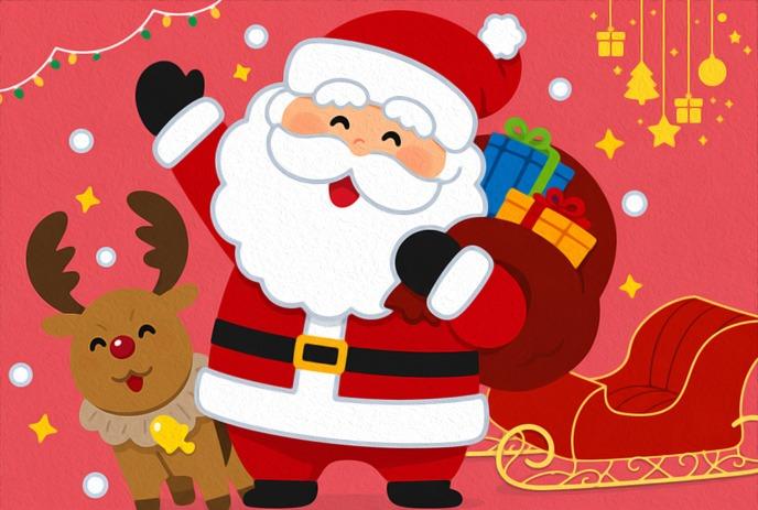 A Christmas theme with cartoon Santa Claus riding in a small red sled and festive decor under red background.