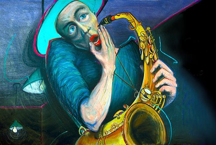 Expressive painted figure holding a saxophone, rendered in vivid colors with bold, surreal details.