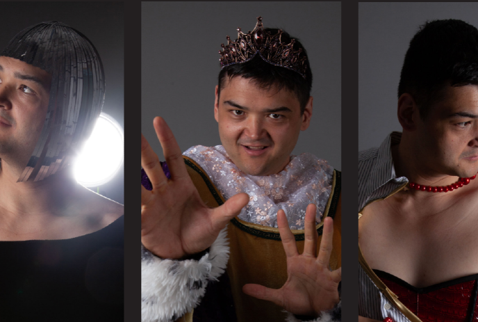 3 separate photos of Christopher Cayari wearing different woman's clothing.