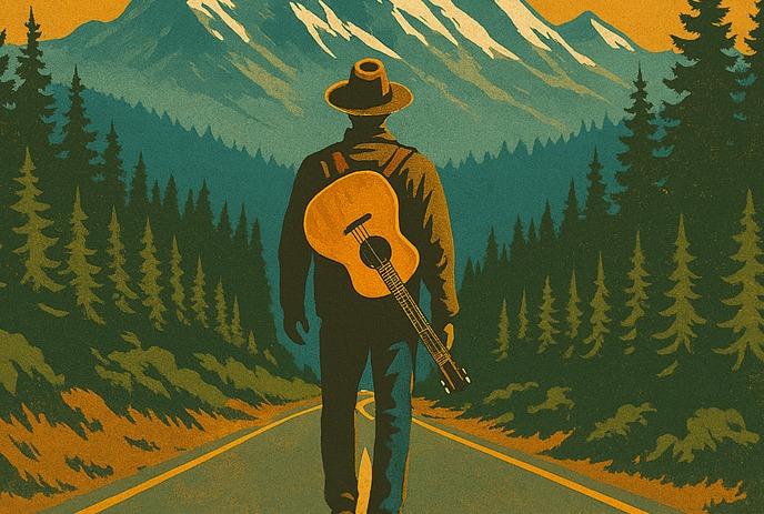 An illustrated man with a guitar stands facing snow-capped mountains, surrounded by pine trees at sunset.