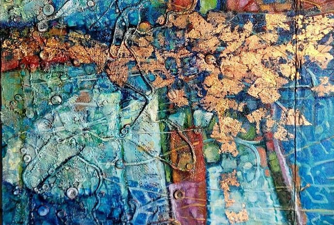 Abstract painting with blue and teal hues, textured with metallic gold leaf accents and swirling patterns.