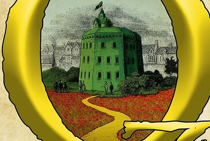 Golden “O” encircles green building, yellow brick path leads inward, with a “Z” resting bottom-right.
