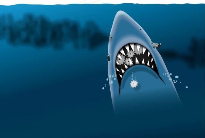 A cartoon shark with gears for teeth and a camera eye rises from dark blue water.