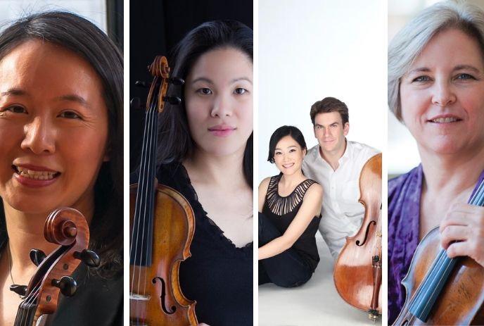 String musicians in four portraits holding violins and cellos arranged in clean formal studio layout.