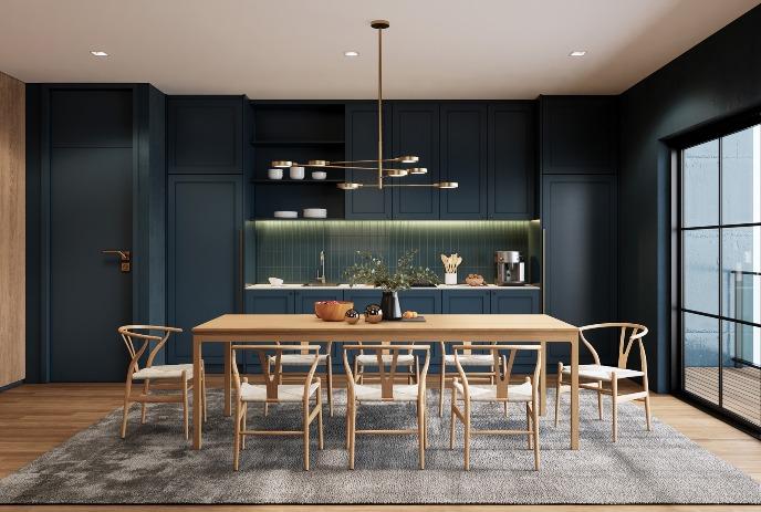 Kitchen with blue cabinets and dining table.