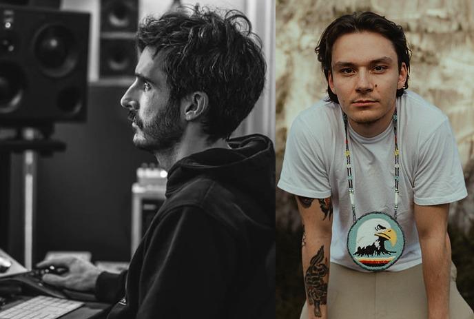 Artist editing music in studio, other posing on purple backdrop with yellow outline.