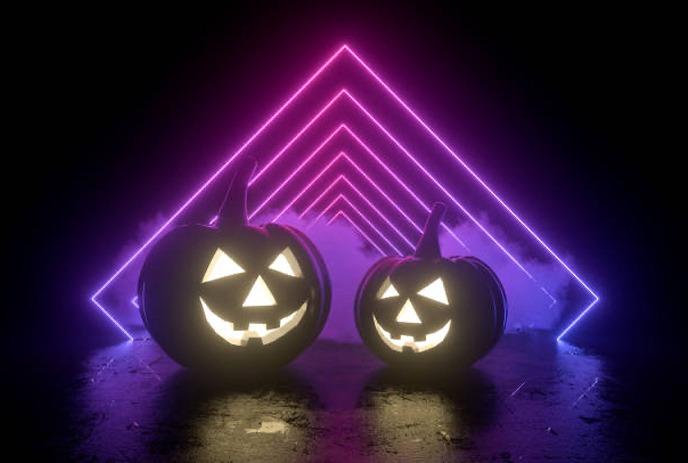 Haunted house, moon with hat, bats, scarecrow, graveyard, twisted trees, owl, spider with Halloween scene.