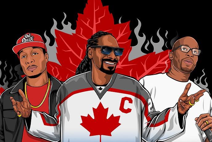 Poster featuring Snoop Dogg, Warren G, and DJ QUIK, in front of a smoking Canadian leaf.