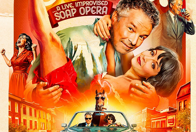 Retro poster with dramatic soap opera cast posing in town scene featuring car horse and bold red dress