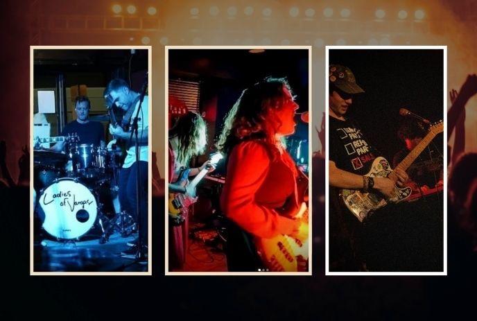 Three bands in 3 different frames performing on the stage with the instruments.