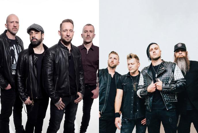 A collage of the band members of Volbeat and Three Days Grace.