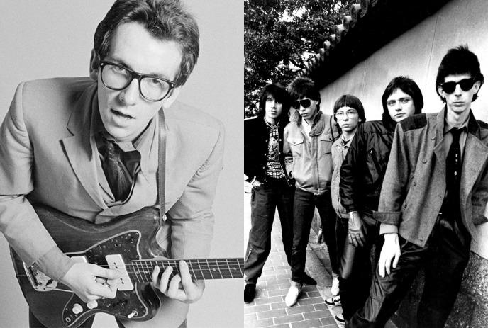 A black-and-white photo of Elvis Costello playing a guitar on the left, and the band The Cars posing together on the right.