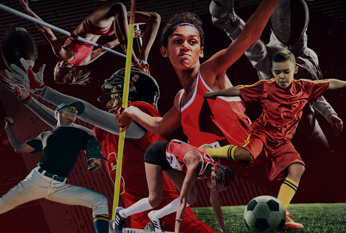 A dynamic collage of young athletes in action, featuring sports like pole vaulting, baseball, soccer, and more.