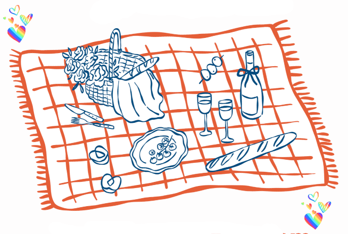Cozy picnic blanket with basket flowers wine glasses baguette plate and rainbow hearts in soft line art.