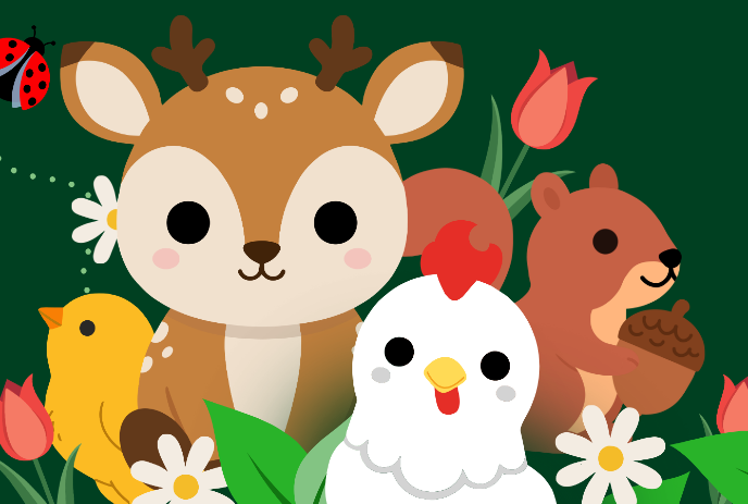 A group of animals with spring flowers against a green background.