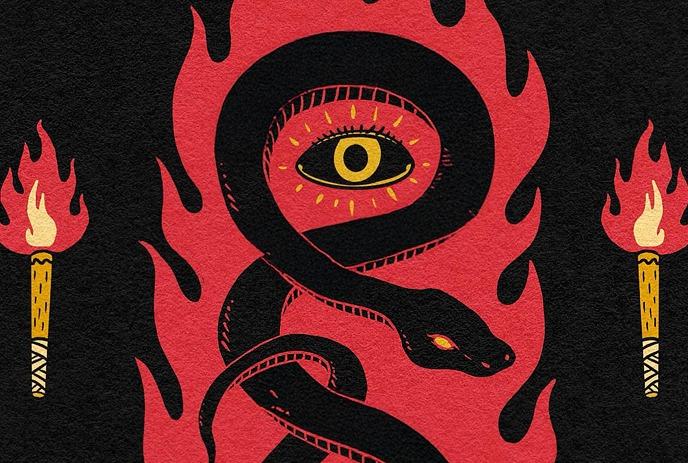 A snake around a yellow eye in the center with two flame torches under a black background.