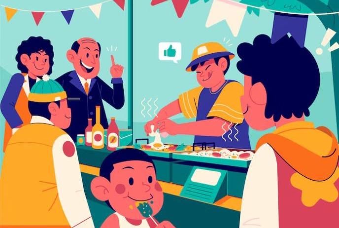 Cartoon food stand with cook grilling and smiling customers under colorful flags at a lively outdoor event.